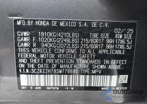 2025 Honda Hr-V Awd Ex-L z USA, uszkodzony, nr VIN 3CZRZ2H78SM778695